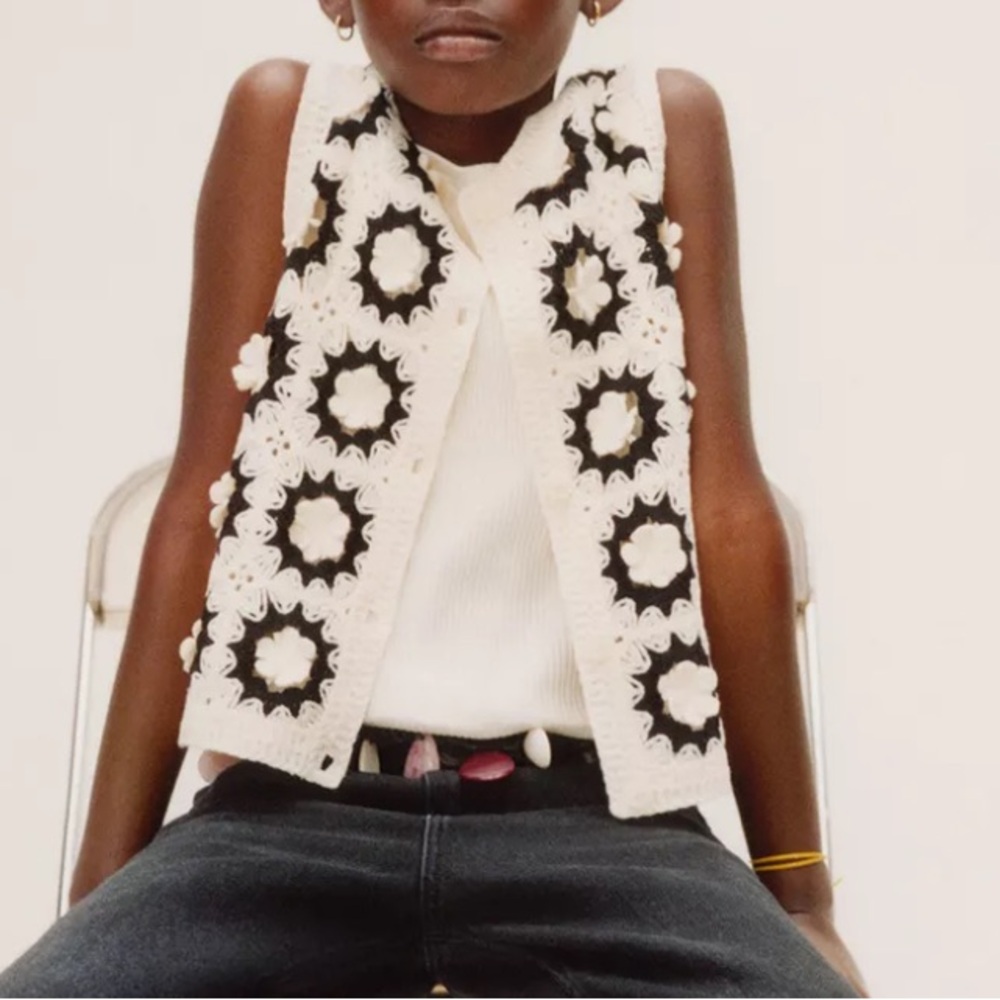 Zara Stylish Black and White Floral Crochet Vest